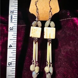 Elegant Native American Dangle Earrings, w/ porcupine quill, moonstone, and bone